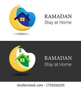 Ramadan Stay at Home symbol icon logo decoration concept in cartoon illustration vector on white and black background