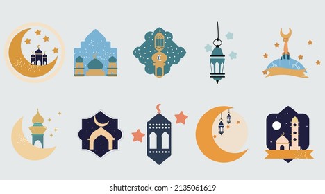 Ramadan stickers collection set, cartoon style flat design Premium Vector