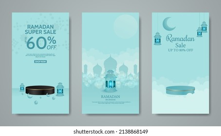 Ramadan stories sale banner, poster,flyer for promotion on sosial media post with podium concept. 3d Vector illustration collection set template. 