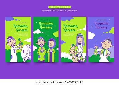 Ramadan stories template with the cute Muslim cartoon, Ramadan Kareem means happy fasting Ramadan