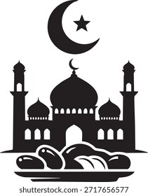 Ramadan Suhoor and Iftar Concept with Mosque and Traditional Food Plate