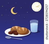 Ramadan Suhoor Meal Concept Vector Illustration; Healthy Breakfast with Dates, Bread and Water at Dawn; Pre-dawn Fasting Time with Clock and Moon Graphic.