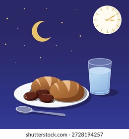 Ramadan Suhoor Meal Concept Vector Illustration; Healthy Breakfast with Dates, Bread and Water at Dawn; Pre-dawn Fasting Time with Clock and Moon Graphic.