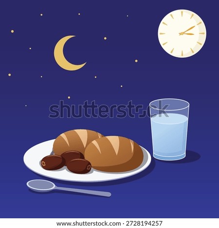 Ramadan Suhoor Meal Concept Vector Illustration; Healthy Breakfast with Dates, Bread and Water at Dawn; Pre-dawn Fasting Time with Clock and Moon Graphic.