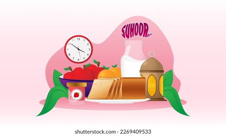 Ramadan suhoor meal illustration with lantern, fruits, bread, and milk