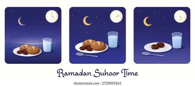 Ilustración minimalista plana del concepto del tiempo del humor del ramadán. Conjunto de tres escenas con comida saludable antes del amanecer de dátiles y agua con reloj que muestra las primeras horas de la mañana para la preparación del ayuno.