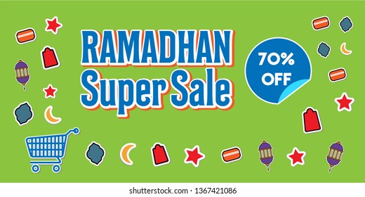 Ramadan Super Sale offer banner design with basket, star, lamp, door, month, shopping bag vector. The design is suitable for  poster, voucher, discount, label, greeting card, illustration. 