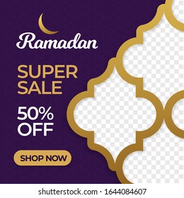 Ramadan Super Sale social media poster promotion template design with islamic frame photo background vector illustration