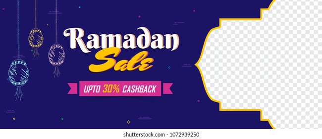 Ramadan super sale, web banner design with hanging intricate lanterns and space for your image. Upto 30% cashback offer. Ramadan super sale, web banner design with hanging intricate lanterns and space for your image. Upto 30% cashback offer.