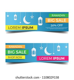 Ramadan super sale, web banner design with hanging intricate lanterns.Upto 50% discount offer.