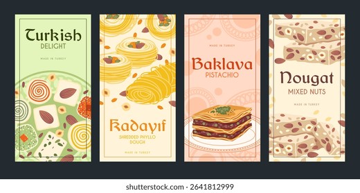 Ramadan sweets cards. Traditional oriental desserts, turkish delight, arabic sugar products, pistachio baklava, nuts nougat, poster or menu design, confectionery tidy vector isolated set