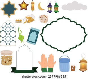 A Ramadan symbol captures spirituality with crescent moons, stars, lanterns, and mosques. Gold and green hues represent blessings, light, and peace during the holy month for Muslims worldwide.