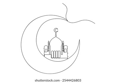 Ramadan symbol continuous one line drawing. Ramadan Kareem and Eid banner in simple outline vector illustration