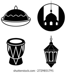 Ramadan symbols collection - lantern, drum, mosque, and food Vector