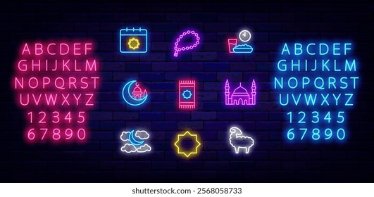 Ramadan symbols neon collection. Islamic religious items. Eid Mubarak. Vector stock illustration