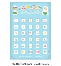 Ramadan Tadarus or reading quran checklist and tracker poster template design, vector illustration for children. A3 size Ramadan fasting checklist poster 