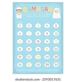 Ramadan Tarawih prayer checklist and tracker poster template design, vector illustration for children. A3 size Ramadan checklist poster  