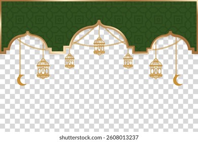 Ramadan template banner with Islamic green mosaic pattern and gold lanterns.
