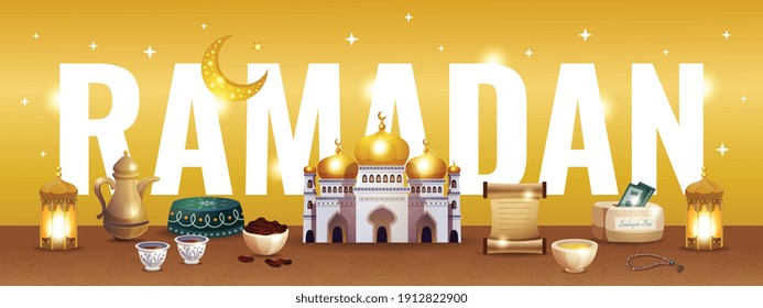 Texto de Ramadán ilustración horizontal con media luna de mezquita y elementos festivos tradicionales vectores, ilustración