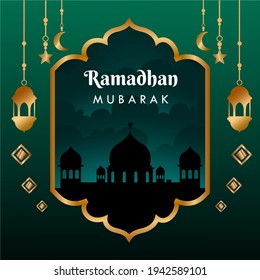 Ramadan theme background with green gradations with gold accessories and a mosque silhouette in the middle