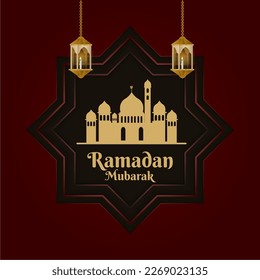 Ramadan theme background with illustrations of golden mosques and lanterns