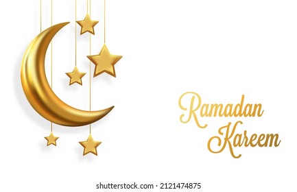 Ramadan theme background. Vector illustration of 3D gold crescent and star shape. Suitable for decoration template of Ramadan Kareem banner. 