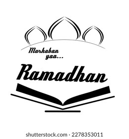 Ramadan theme design, with 3 mosque domes above and illustrations of the Al Qur'an below