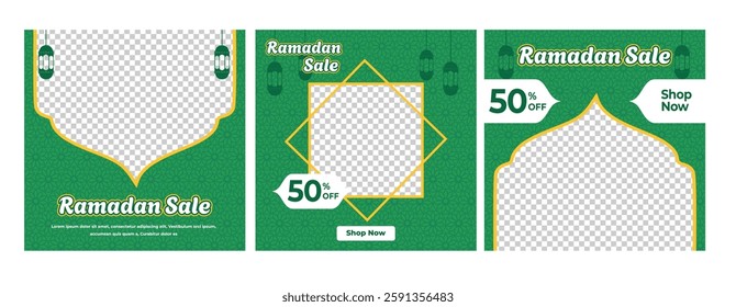 Ramadan theme Instagram Post Template. Ramadan promo and sale content. The Ramadan Sale Digital Banner is green which looks elegant and minimalist