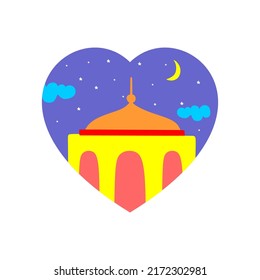 Ramadan theme love emblem contains mosque, flat design