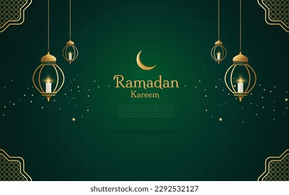 Ramadan Theme Luxury Background with green color Decorated With Typical Arabic Lamp Ornaments.