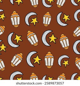 Ramadan theme pattern design with Ramadan themed motifs on a brown background