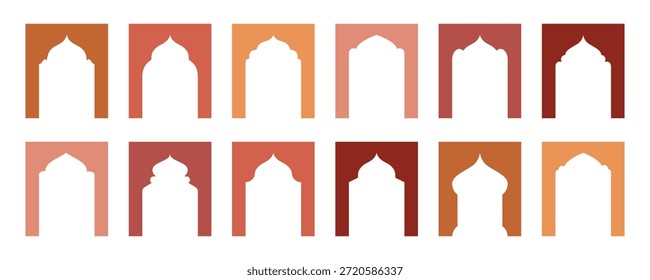 Colección de arcos, ventanas y puertas islámicas con temática de Ramadán. Elegantes marcos orientales con geometría árabe y atmósfera espiritual. Ilustración vectorial.