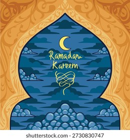 Ramadan themed vector illustration featuring clouds, ketupat, crescent moon, and mosque. Designed with purple tones and bright vibrant colors, creating a modern and elegant Islamic background. Suitable for Ramadan and Eid al-Fitr posters, banners, greeting cards, social media designs, and Islamic event promotions