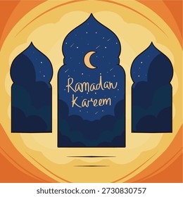 Ramadan themed vector illustration featuring clouds, ketupat, crescent moon, and mosque. Designed with purple tones and bright vibrant colors, creating a modern and elegant Islamic background. Suitable for Ramadan and Eid al-Fitr posters, banners, greeting cards, social media designs, and Islamic event promotions