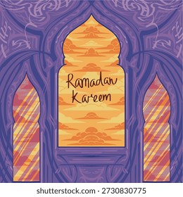 Ramadan themed vector illustration featuring clouds, ketupat, crescent moon, and mosque. Designed with purple tones and bright vibrant colors, creating a modern and elegant Islamic background. Suitable for Ramadan and Eid al-Fitr posters, banners, greeting cards, social media designs, and Islamic event promotions