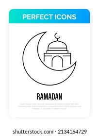 Ramadan thin line icon. Moon with mosque. Islam religion. Vector illustration.