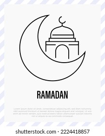 Ramadan thin line icon. Moon with mosque. Islam religion. Vector illustration.