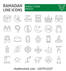 Ramadan thin line icon set, islamic symbols collection, vector sketches, logo illustrations, muslim signs linear pictograms package isolated on white background, eps 10.