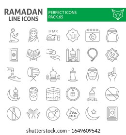 Juego de iconos delgados de Ramadán, colección de símbolos islamicos para fiestas, bocetos vectoriales, ilustraciones de logotipos, iconos islámicos, signos para el día musulmán paquete de pictogramas lineales aislados en fondo blanco, eps 10