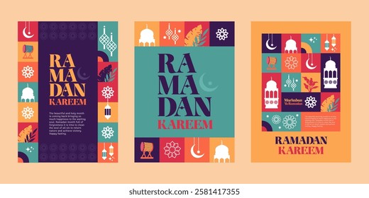 ramadan three poster set pattern and silhouette colorful illustration