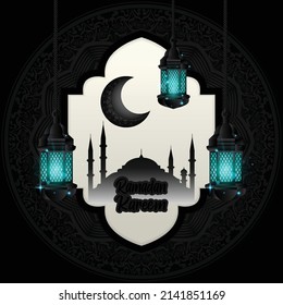 Ramadan with threecolored blue lamp decorations and a dark background