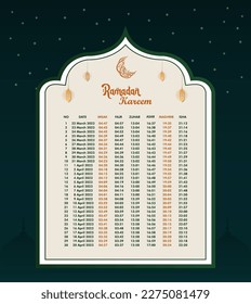 Ramadan time calendar 2023 With Prayer times in Ramadan. Ramadan Schedule - Fasting, Iftar, and Prayer timetable. Islamic background design with mosque and lamp.