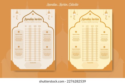 Ramadan time calendar 2023 With Prayer times in Ramadan. Ramadan Schedule - Fasting, Iftar, and Prayer timetable. Islamic background design with mosque and lamp.