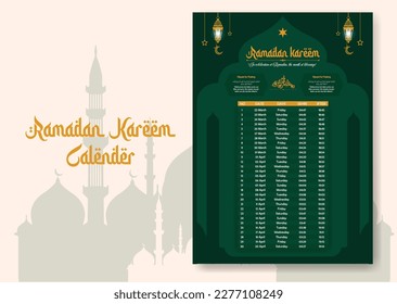 Ramadan time calendar 2023 With Prayer times in Ramadan. Ramadan Schedule - Fasting, Iftar, and Prayer timetable. Islamic background design with mosque and lamp.