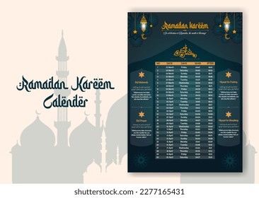 Ramadan time calendar 2023 With Prayer times in Ramadan. Ramadan Schedule - Fasting, Iftar, and Prayer timetable. Islamic background design with mosque and lamp.