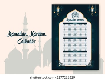 Ramadan time calendar 2023 With Prayer times in Ramadan. Ramadan Schedule - Fasting, Iftar, and Prayer timetable. Islamic background design with mosque and lamp.