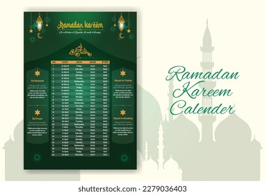 Ramadan time calendar 2023 With Prayer times in Ramadan. Ramadan Schedule - Fasting, Iftar, and Prayer timetable. Islamic background design with mosque and lamp.