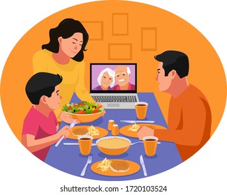Ramadan in the time of corona. Happy family having dinner together. Video chat with family elders during dinner. Iftar eating after fasting. Stay home covid-19 concept.