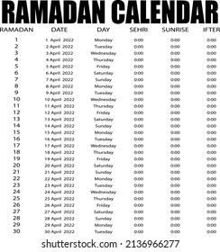 Ramadan Time Table Ramzan Kalenderjahr 2022 