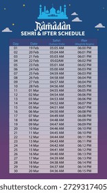 Anuncio de horario de Ramadán para el Vector editable del tablón de anuncios de la mezquita. Planificador de ayuno para la comunidad religiosa.